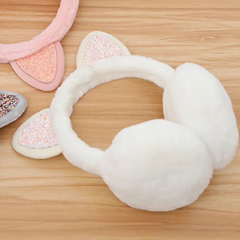 Solid Color Soft Plush Ear Warmer Winter Warm Lovely Glitter Cat Ear Earmuffs Outdoor Cold Protection Ear Muffs Folding Earflap