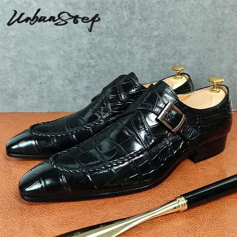 

Luxury Brand Men Leather Shoes Slip-On Black Crocodile Print Woven Pattern Loafers Mens Dress Shoes Wedding Office Shoes For Men