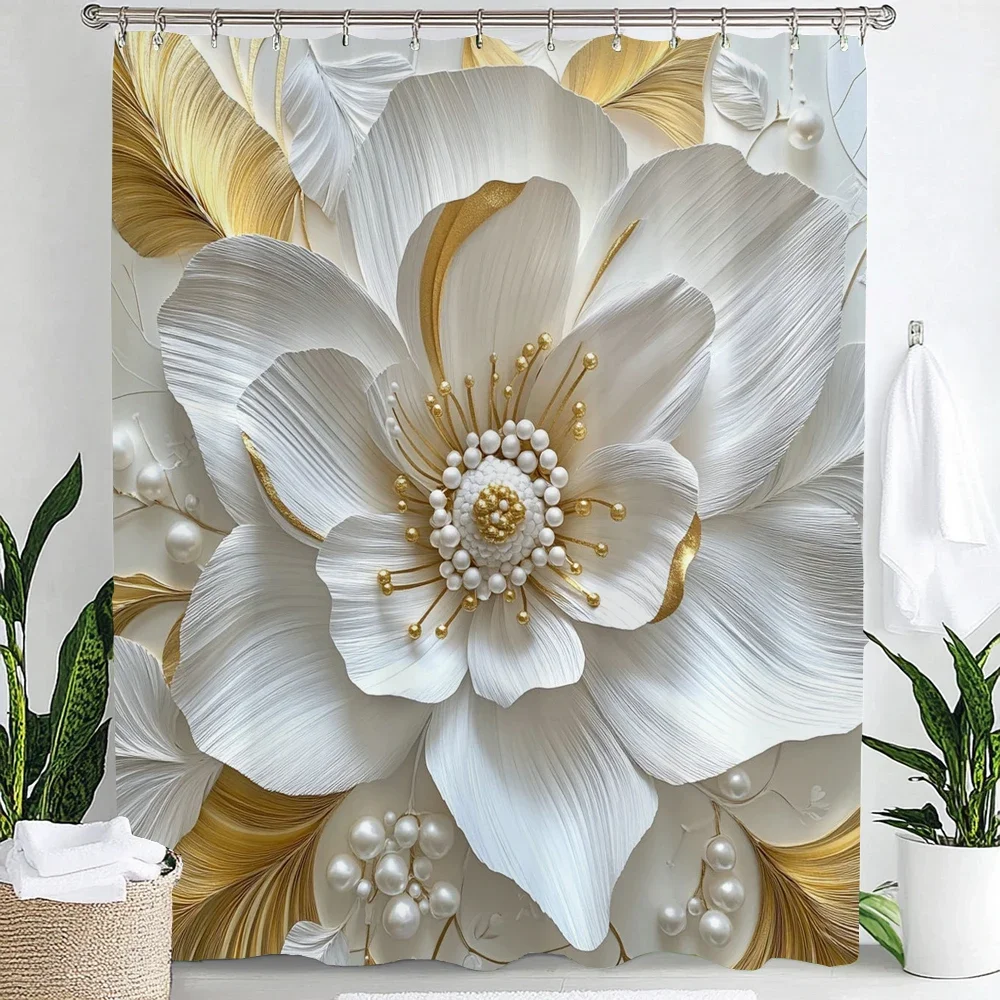 White Floral Shallow Relief Print Shower Curtain Partition Privacy Hanging Curtain with Hooks Multiple Size Machine Washable