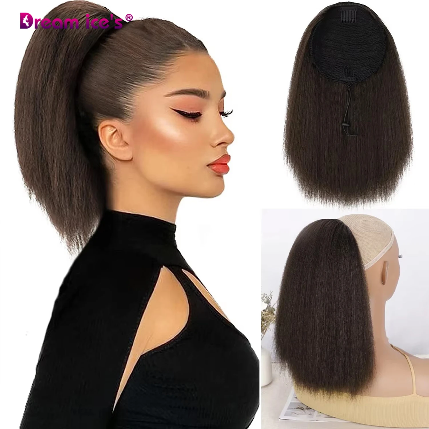 Vigorous Fashion Women Natural Extensions Synthetic Heat Resistant Yaki Straight Drawstring Kinky Fluffy  Pony Tail  Daily Wear