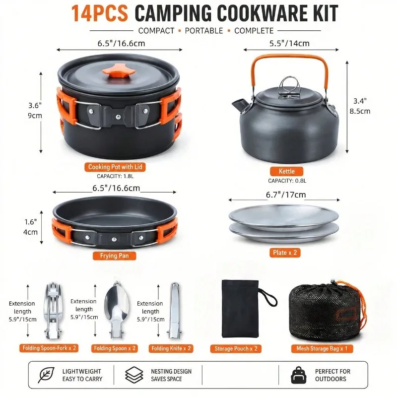 Black 14 Pcs Camping Cookware Mess Kit, Portable Nonstick Aluminum Camping Cookware Set With Kettle, Pot, Frying Pan, Plates, Forks, Knives & Spoons For Camping, Backpacking And Outdoor Cooking