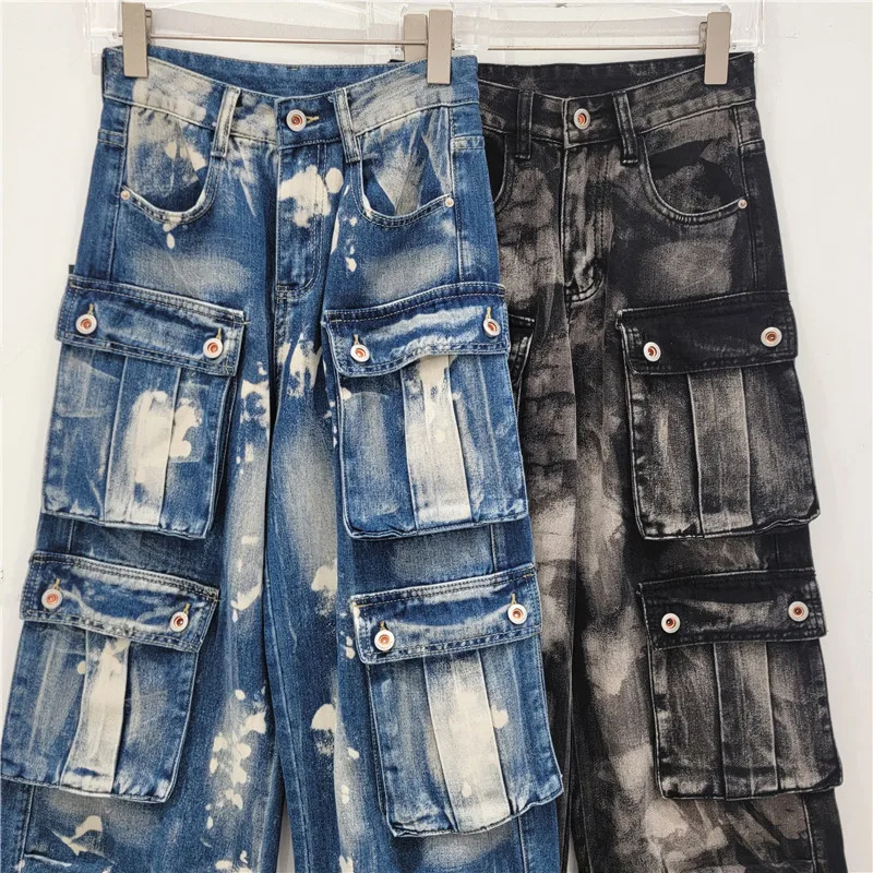 American Black Tie-dye Gradual Change Cargo Pants Jeans High Streetwear Big Pocket Y2k Trousers Men and Women's Straight Pants