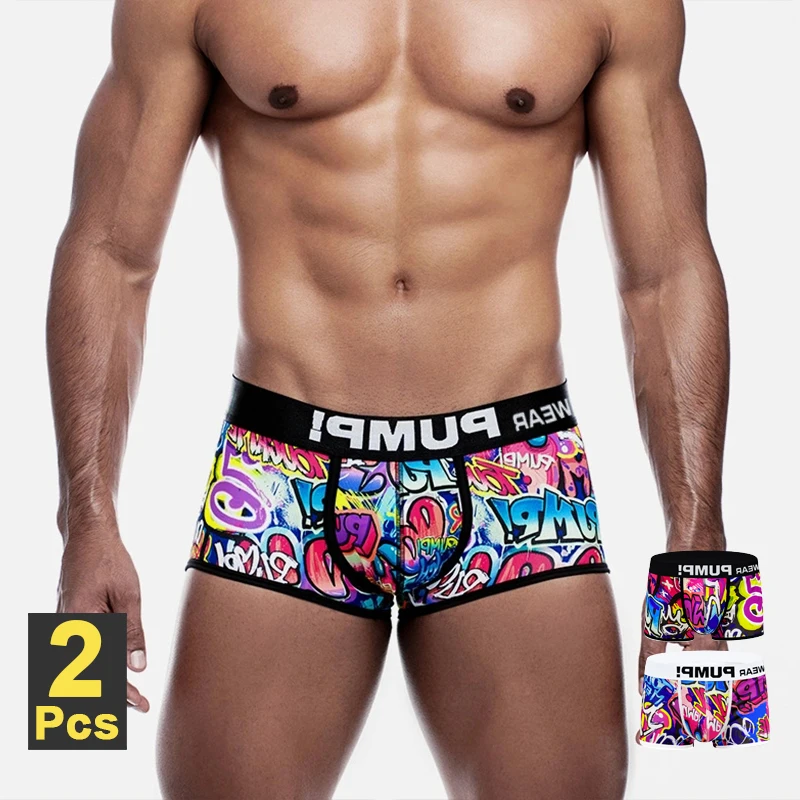 CMENIN 2Pcs Sexy Underwear Mens Boxershorts Low Waist Bikini Man Boxer Shorts Funny Graffiti Men Trunks Gays Men Underwear Boxer