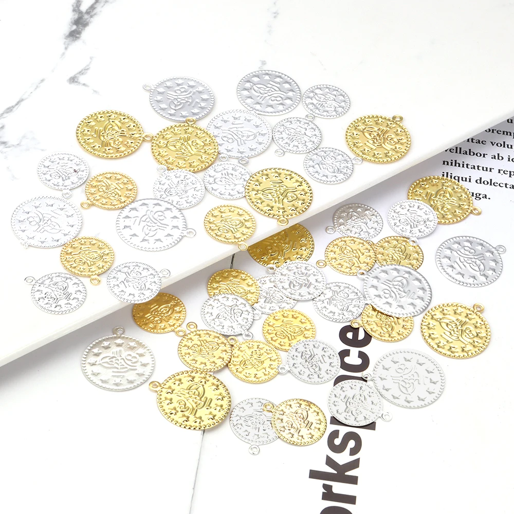 50-100pcs/lot Iron Pendants Flowers Shape Charms Pendants Antique Gold Color Round Pendant For DIY Jewelry Making Necklace