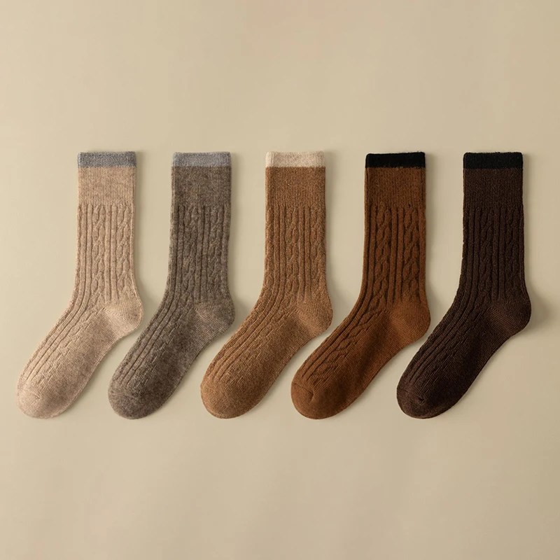 4 Pairs Autumn Winter Color-Block 100% Wool Women's Mid-Calf Socks Thickened Retro Warm Versatile Slouchy Long Wool Socks