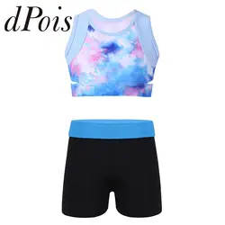 Kids Girls Sports Clothes Yoga Set Sleeveless Tie-Dye Crop Top + Shorts Children Ballet Gymnastics Outfits for Gym Sport Suit