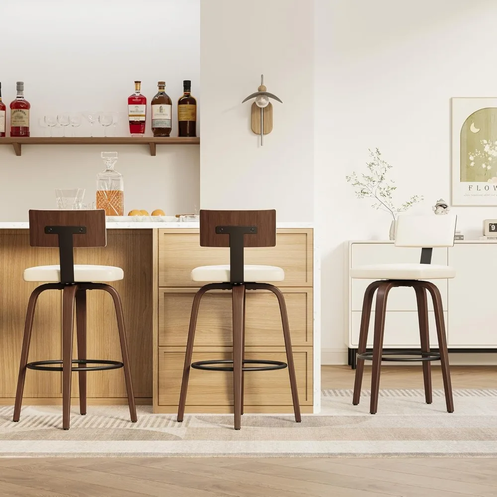 مجموعة مقاعد بار ذات ارتفاع مضاد مكونة من 2، مقاعد منجدة من الجلد الصناعي مقاس 29 بوصة مع ظهر، ومسند للقدمين، وأرجل منحنية ذات ملمس خشبي،