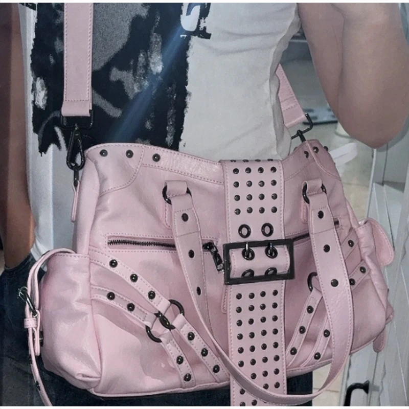 Y2k Nieten-Gürtelschnallen-Handtasche, Damen Motorrad Biker Punk-Stil Metall-Nieten-Schultertasche, Koreanische Y2k Mädchen Reißverschluss-Tragetasche – Detail 3