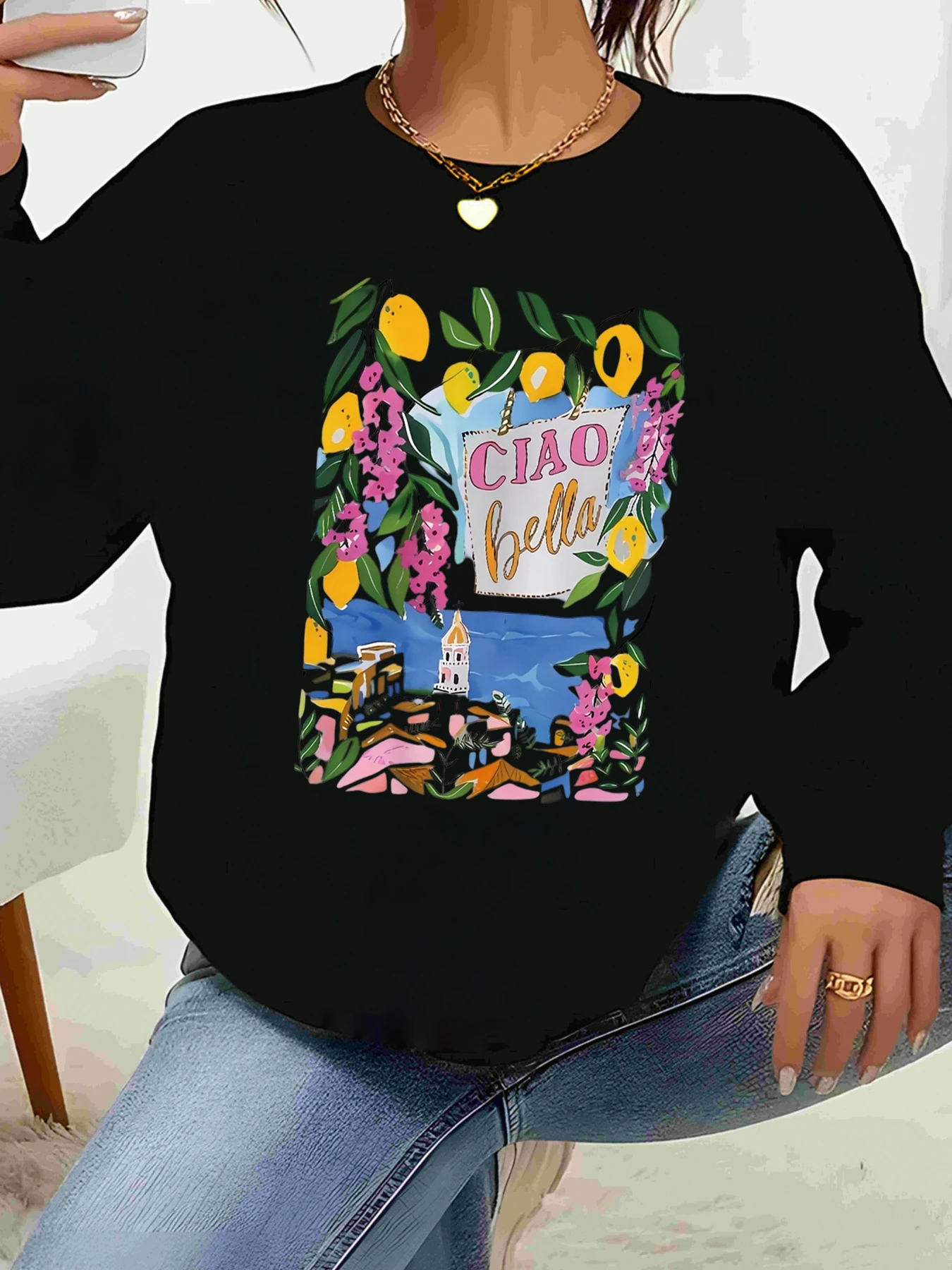 

Толстовка с лимонным цветочным принтом Ciao Bella, весенняя повседневная одежда, женская мода