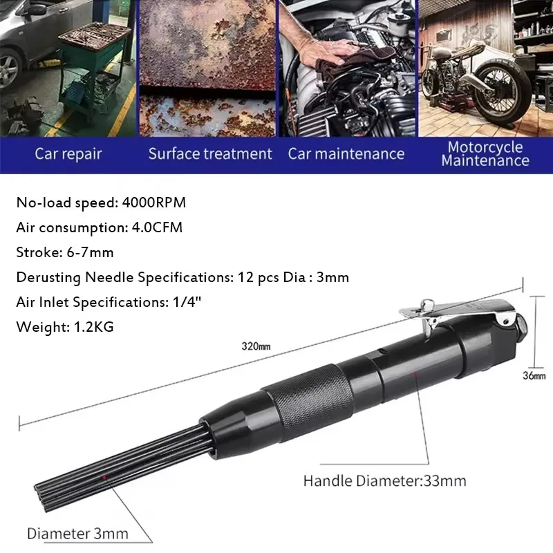 Mini Pneumatic Descaler 3mm 12PCS M Needle Beam Pneumatic Descaler Pneumatic Rust Removal Gun Polishing Machine