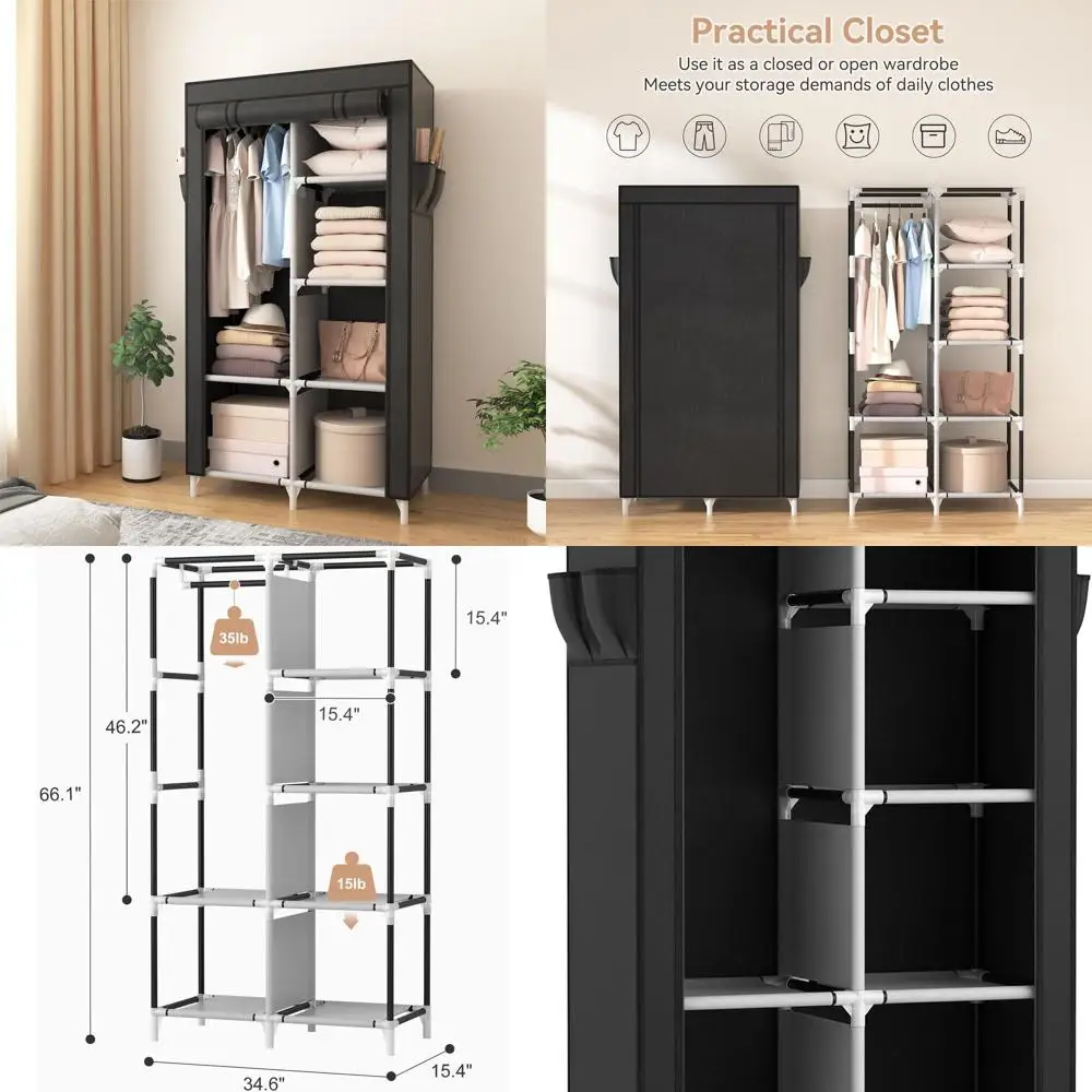 

Space-Saving Freestanding Hanging Closet Organizer with 6 Shelves, 1 Rod, and 4 Pockets for Bedroom