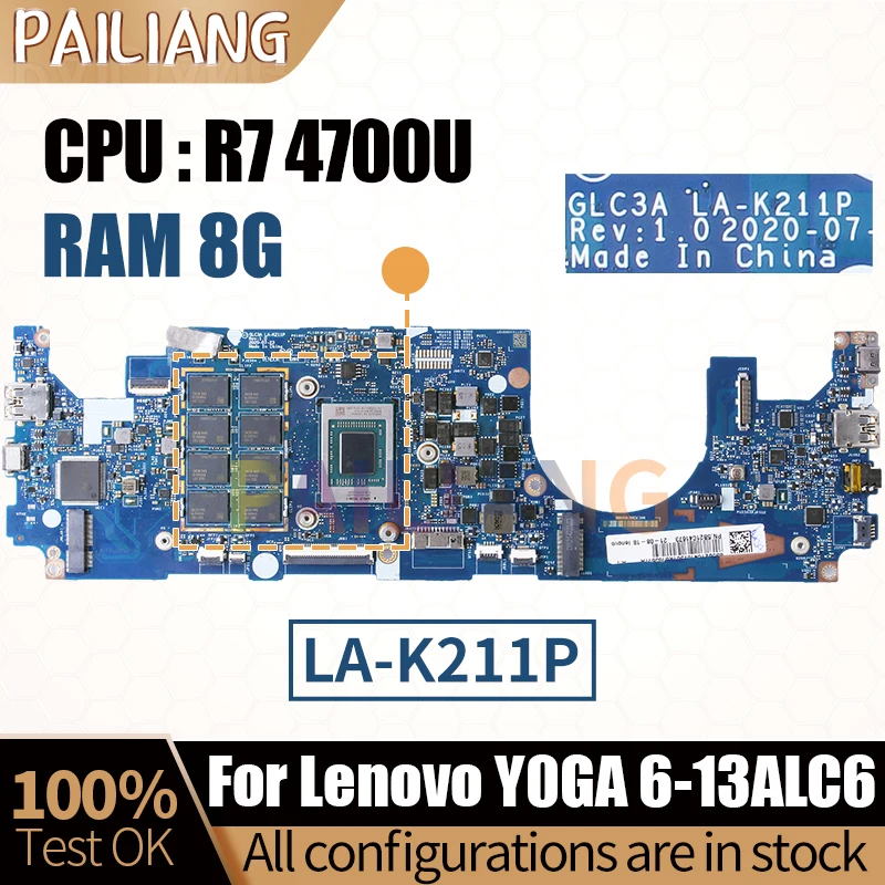 For Lenovo Y0GA 6-13ALC6 Notebook Mainboard Laptop 5B21C41669 5B21C41675 LA-K211P R5-5500U R7 4700U 8G Motherboard Full Tested