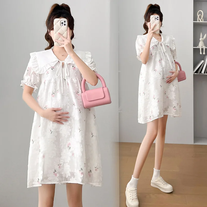 

Summer Sweet Pregnant Woman Dobby Dress Ruffled Peter Pan Collar Puff Sleeve Plus Size Maternity Floral Shirts Loose Mini Dress