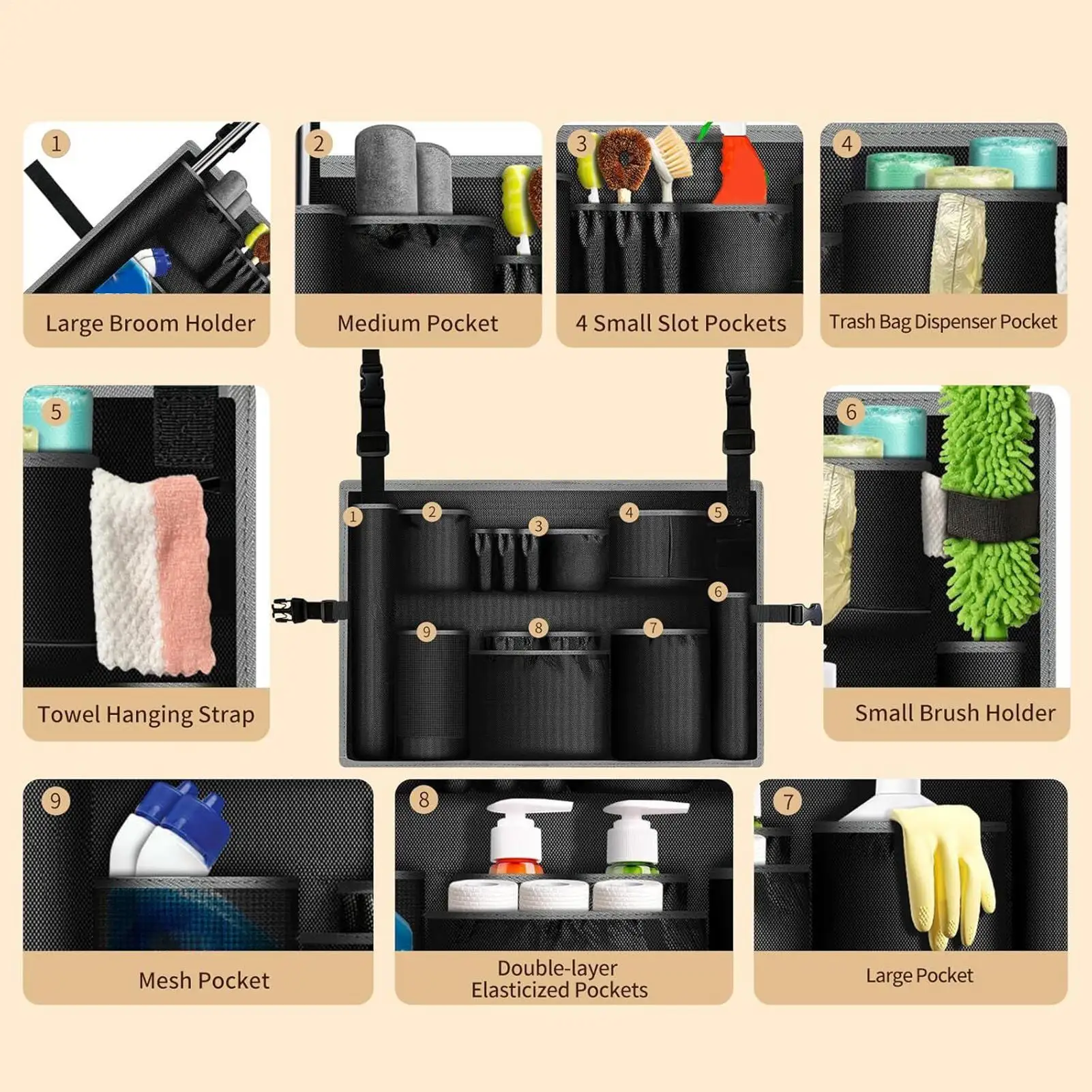 

Cleaning Tool Bag Heavy Duty Multi-Pockets Housekeeping Tool Organizer Cleaning Supplies Bag For Home Garage School Office