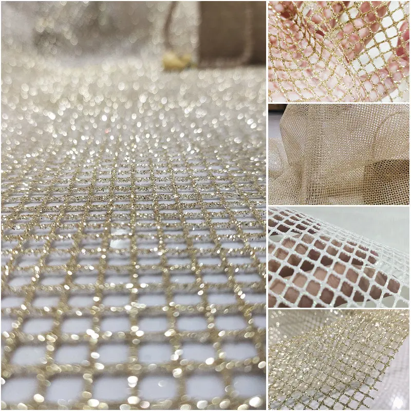 Hard mesh gold and white mesh headdress hot pressed gold sequin mesh designer fabric for wedding dress wedding veil fabric