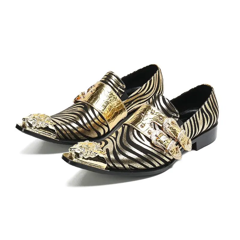 Luxury Fashion Metal Pointed Toe Men Shoes Casual Party Print Leather Shoes Trendy Mens Wedding Dress Shoes Size 37--46