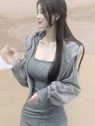 2024 Autumn Korean Version Long Sleeve Hooded Zipper Knitted Cardigan+sexy U-neck Slit Solid Long Dress Two Piece Set 8DQL