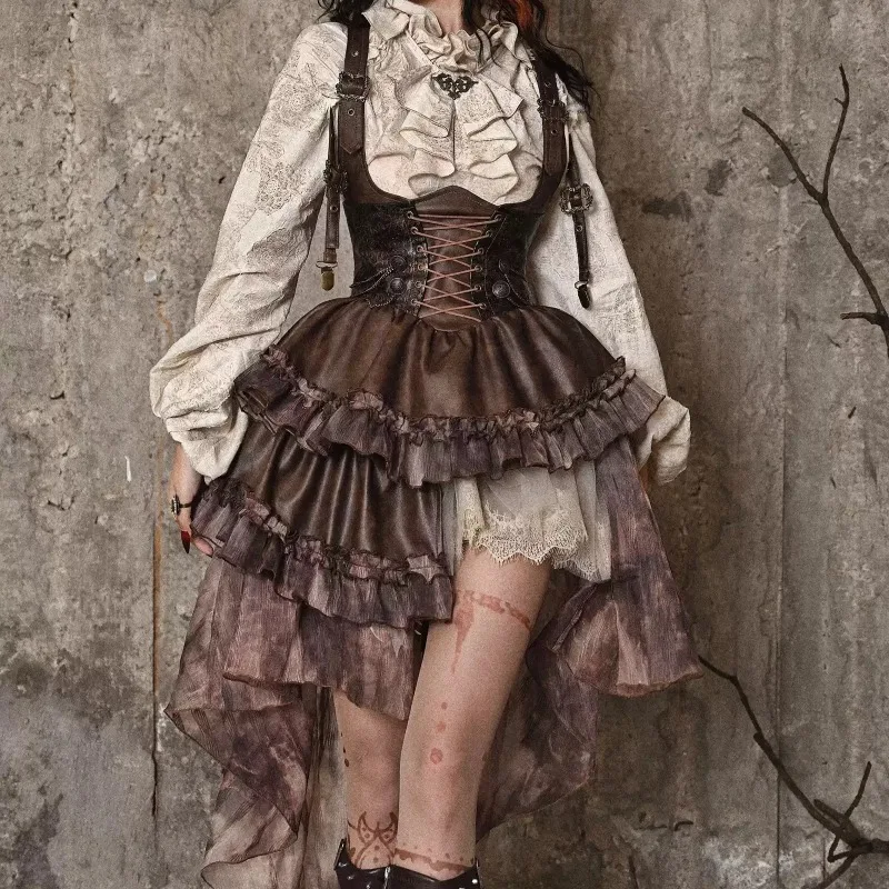 Steampunk Women PU Corset Suspender Dress Irregular Ruffle Detachable Train Retro Brown Asymmetrical Party Costume Gown