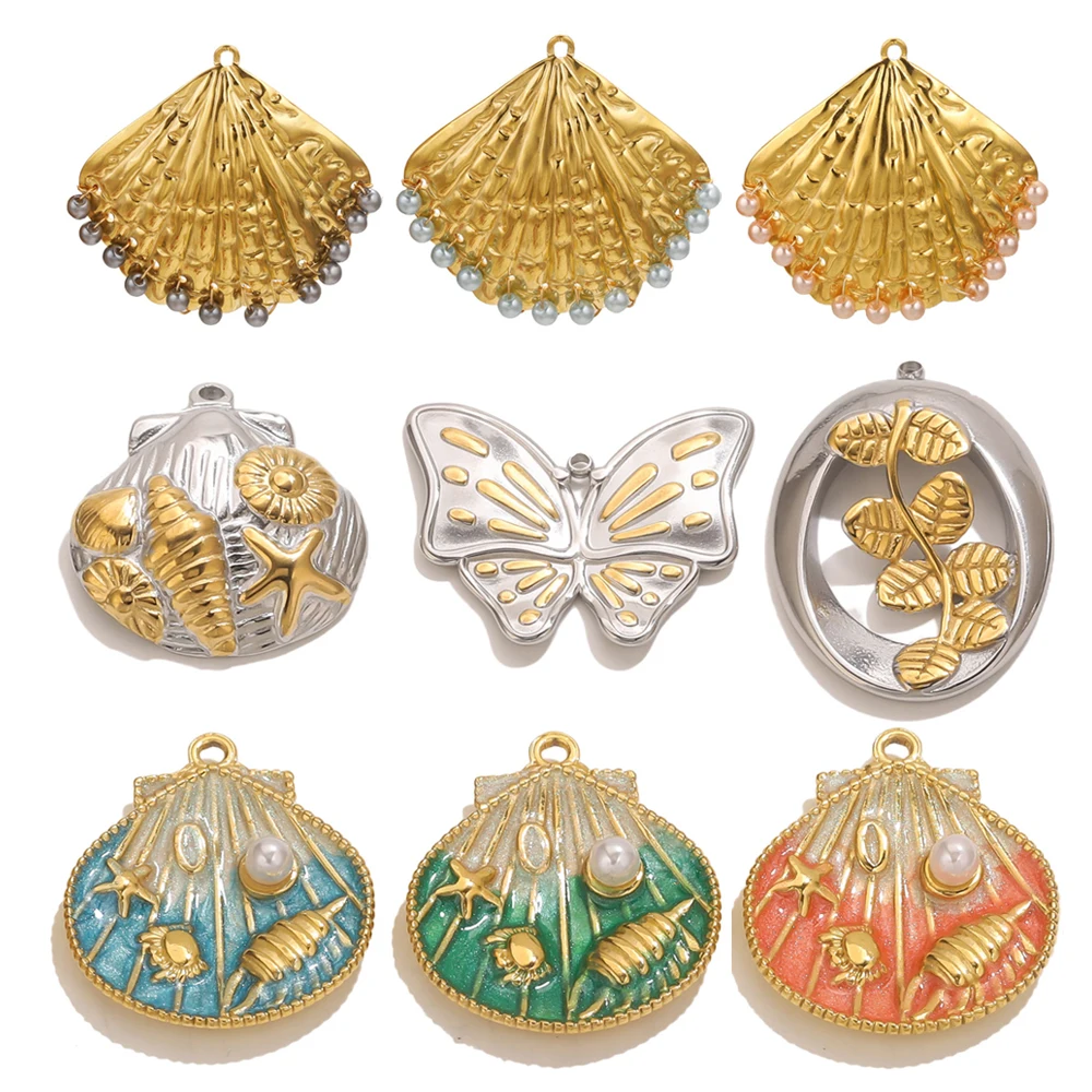 

2PCS Stainless Steel Enamel Seashells Pearl Charms Pendant Connector Jewelry Materials Making Creation Charm DIY Necklace