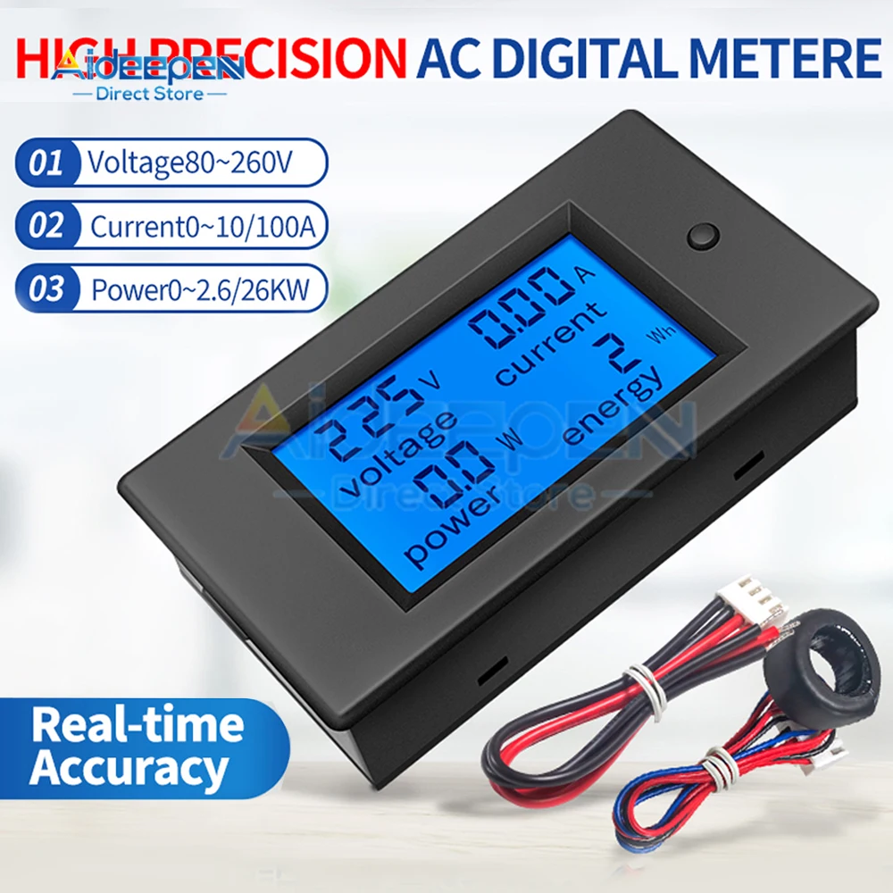 Multi-function Voltmeter Ammeter Power Energy Meter LCD Digital AC Wattmeter Electric Tester AC 80-260V 10A 100A 0-9999kWh