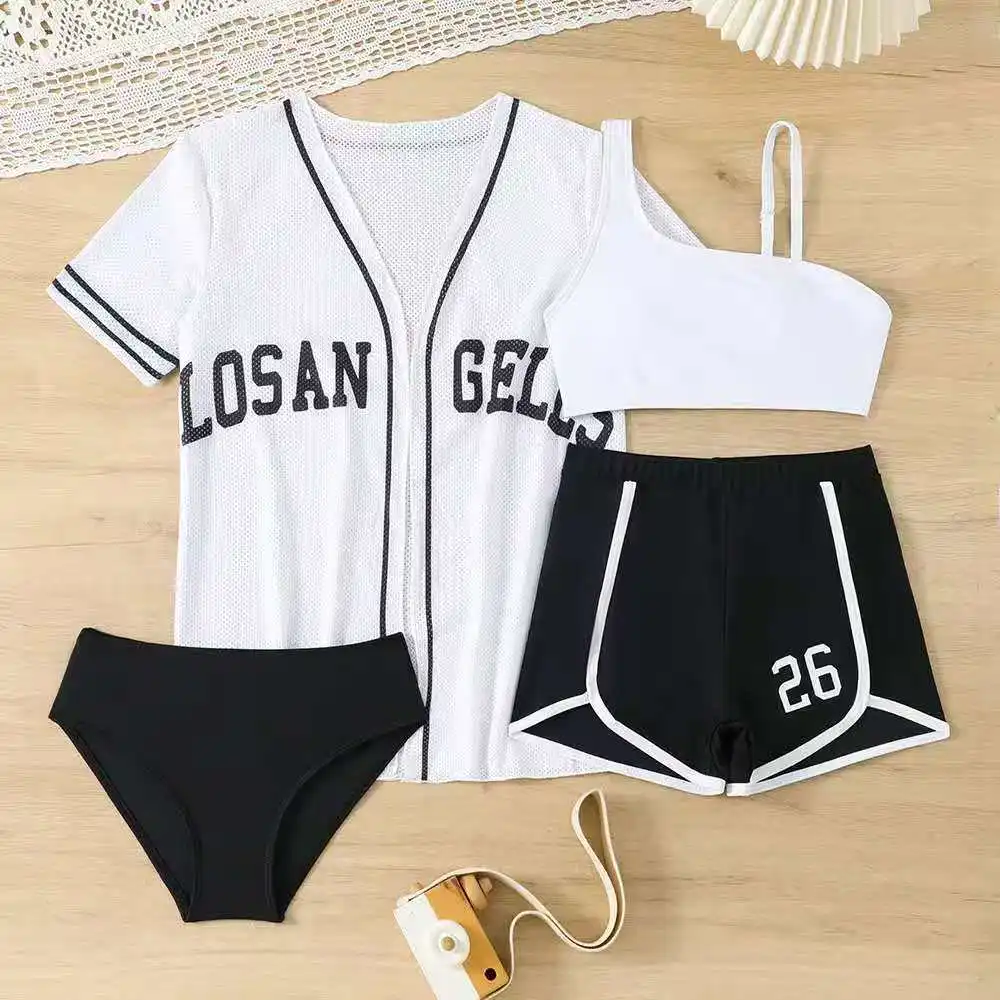 

Girls 3pack Black White High Waist Bikini Beach Kimono Kids Swimsuit 8-12 Years Children's Swimwear Letter Print Bathing Suit
