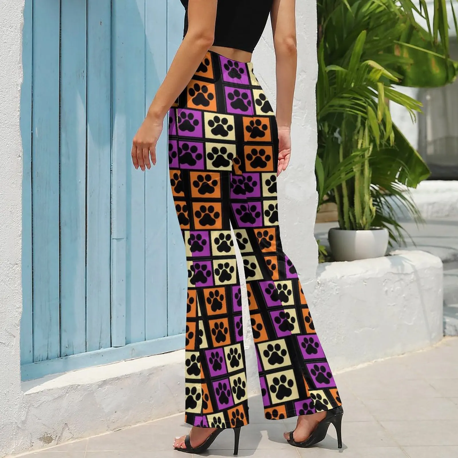 Paw Print Dog Pants Elastic High Waist Colorful Animal Aesthetic Flare Pants Summer Office Custom Oversized Trousers