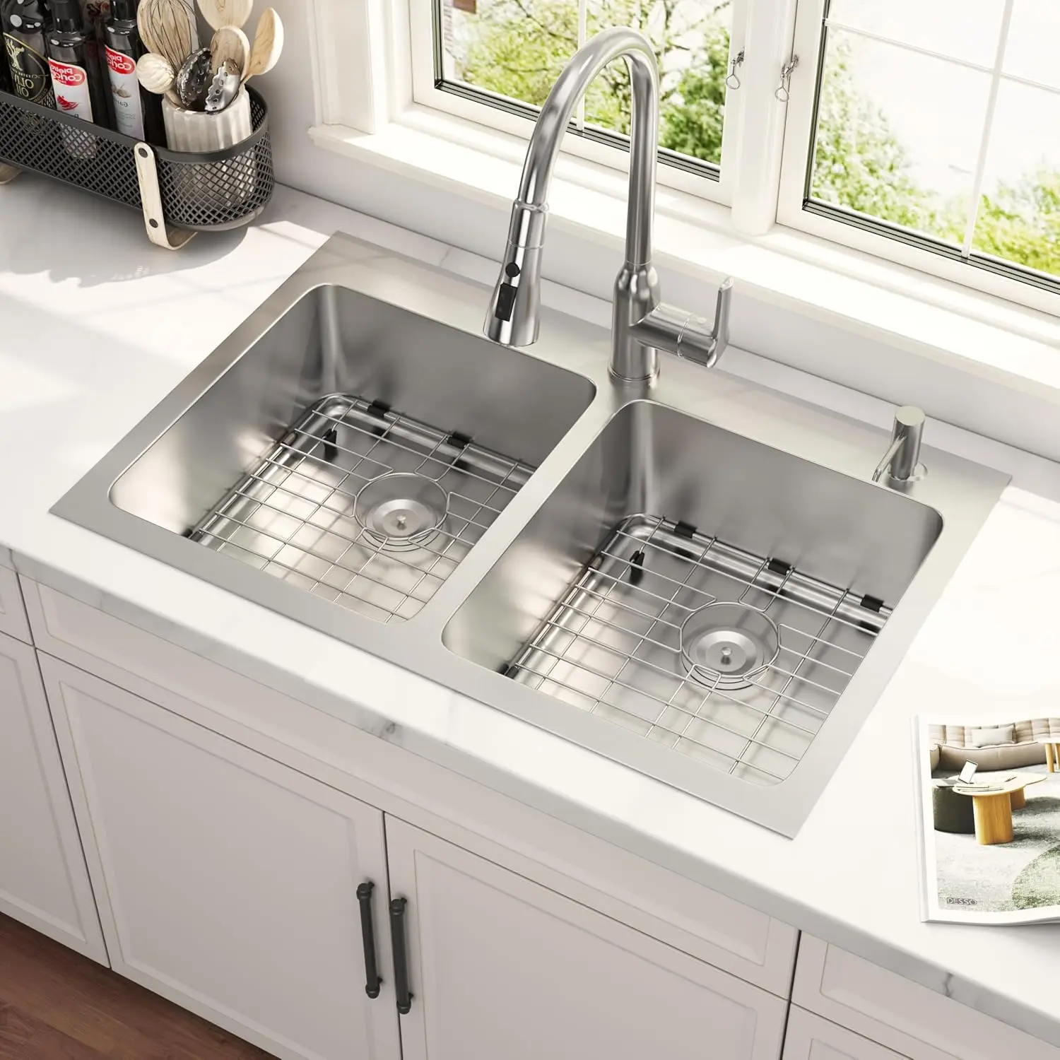 

33x22 Drop In Double Bowl Kitchen Sink 16 Gauge Stainless Steel Top Mount Commercial Grade Satin Finish Sinks with, Customized