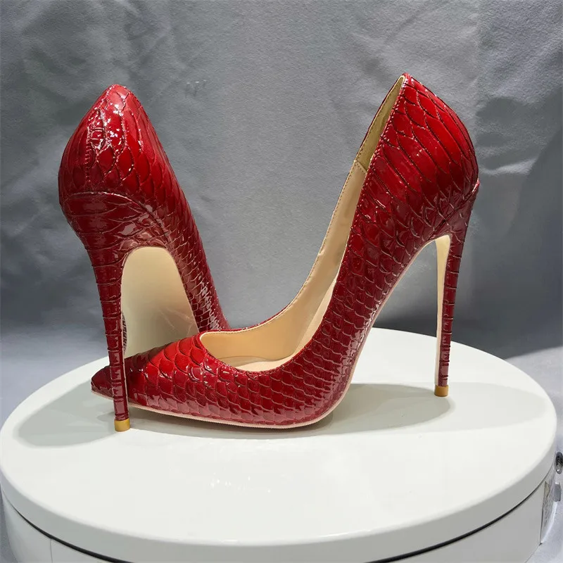 Tikicup New 12cm 10cm Thin Heeled Sexy Women Red Crocodile Effect Pointy Toe Party Wedding Shoes Snakeskin Stiletto Pumps