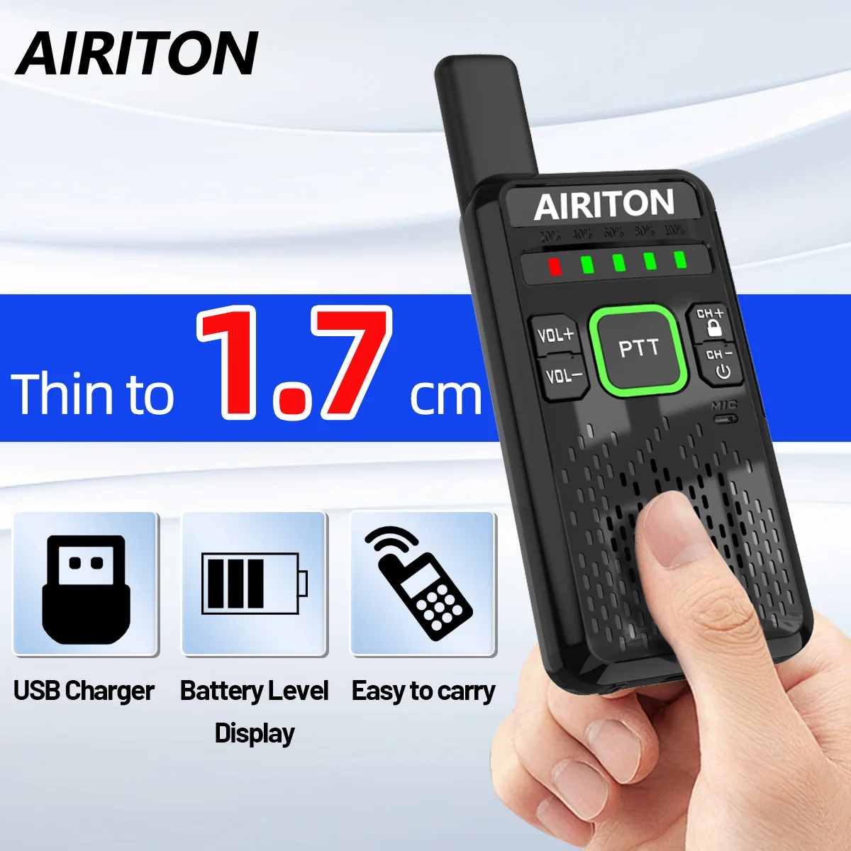 

2 шт. рации AIRITON AI-M9 Mini, тонкие (до 1,7 см), дальнего действия, UHF 400-470 МГц, высокой мощности, с зарядкой Type-C, для кемпинга и любительской радиосвязи