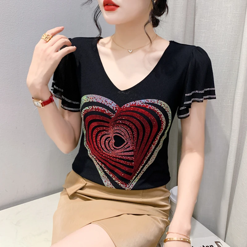 SALE Summer Short Sleeved V-Neck Women's T-Shirt Elegant Slim Hot Diamond Mesh Tops