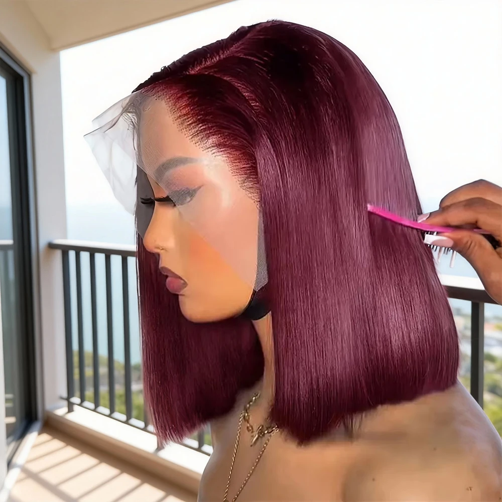 250% Dichte Knochenglatte 13x4 HD Lace Frontal Perücken 99J Burgunderrote Bob Echthaar-Perücke 7x5 Klebefreie Perücken für Frauen Vorgeschnitten