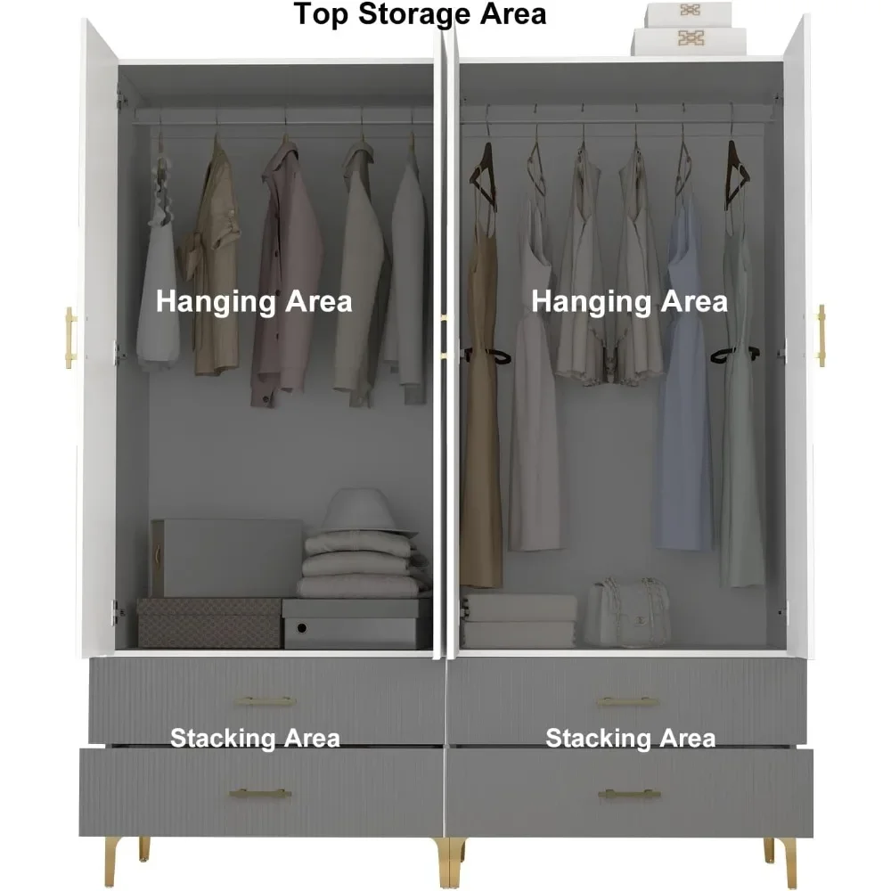 Wardrobe Armoire with 4 Doors, 4 Drawers and 2 Hanging Rods, Twill Wood Closet Storage with Metal Cabinet Legs