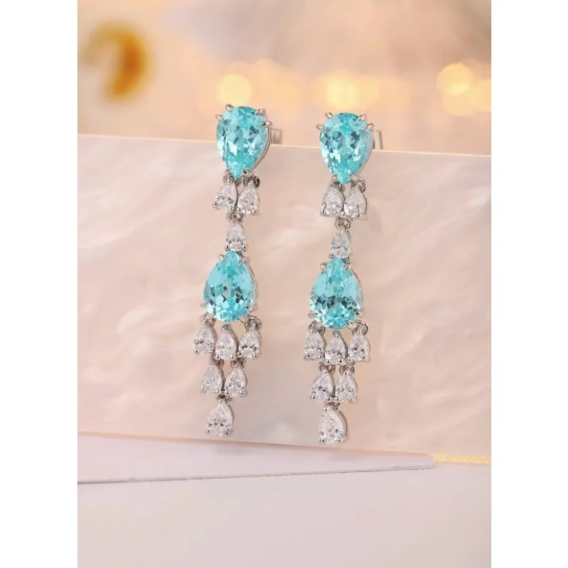 Ruihe New Classic Style Pear Shape Lab Grown Gemstone Paraiba 925 Silver Earrings Women Jewelry Ladies Party Gift