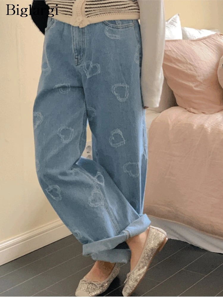 

Jeans Summer Long Pant Women Love Embroidery Fashion High Waist Ladies Trousers Casual Loose Pleated Wide Leg Woman Pants