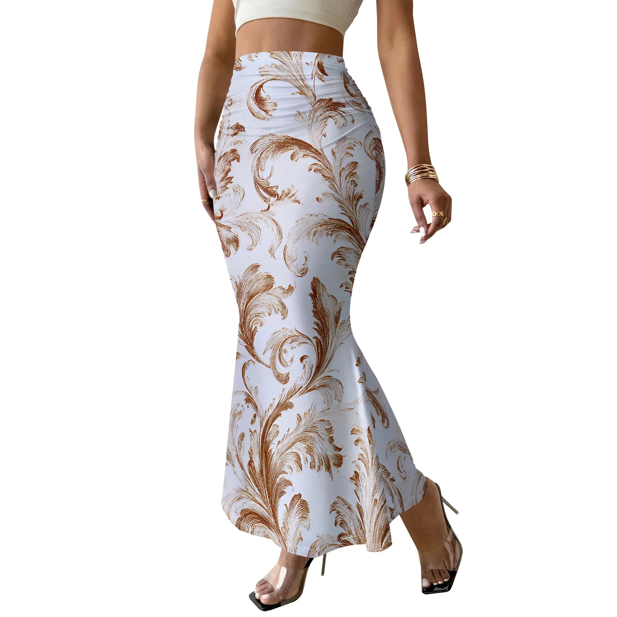 Floral Print, Maxi Skirt, Vintage Pattern Retro Style, Mermaid Cut Fishtail Design, Beach Party Vacation Wear, S-2XL