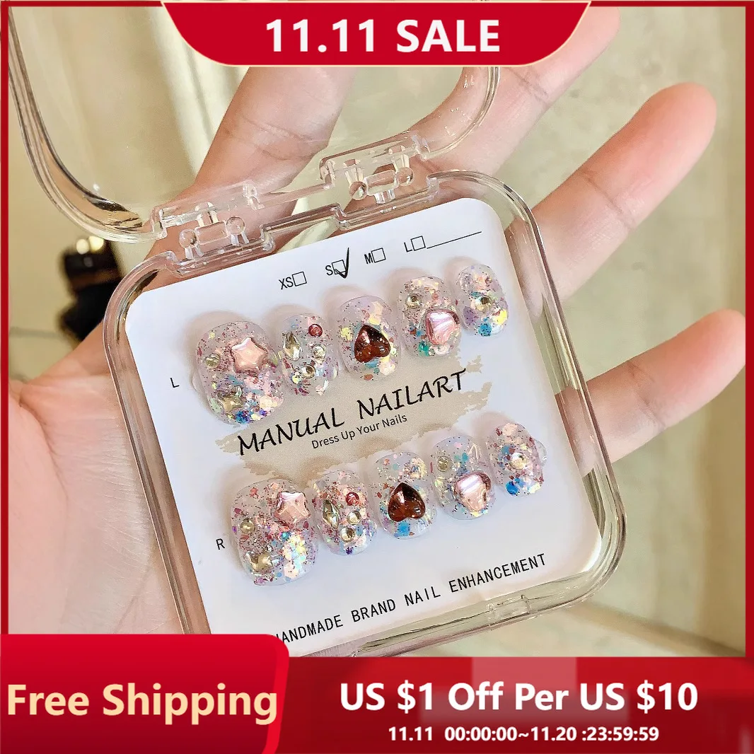 

10Pcs Handmade Press on Nail Flashing Diamond Heart Colorful False Nail Square Removable Wearable Nail Art for Women&Girl