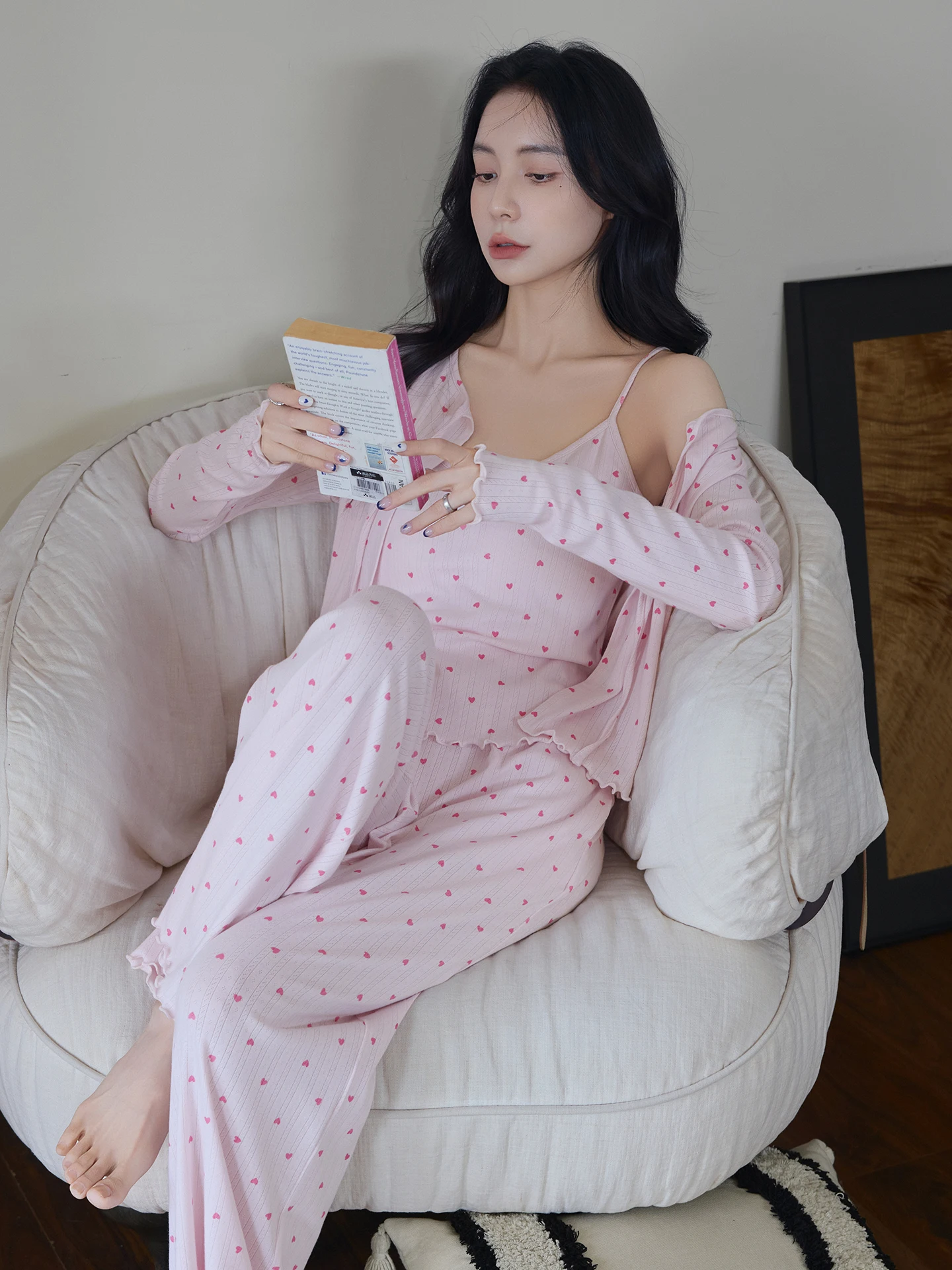Women's Three-Piece Sleepwear Set Long Sleeve Lenzing Cotton Polka Dot Home Clothes Outdoor Wearable Comfortable Nightgown