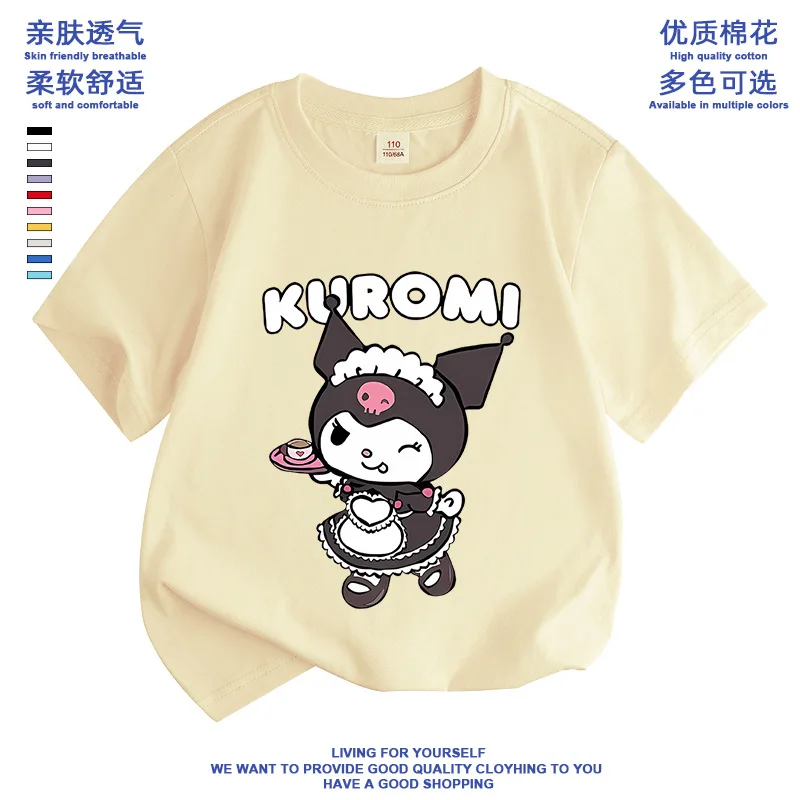 

Sanrio Boys Girls Summer T-Shirt Short Sleeve 2024 Pure Cotton Casual Round Neck Cartoon Kuromi Versatile Half Sleeve Gift