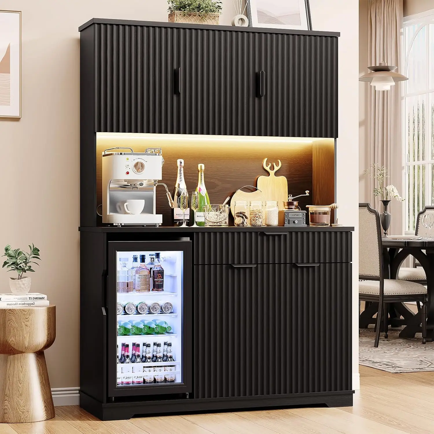 

69" Tall Pantry Coffee Bar Cabinet with LED Lights Outlets Drawer Storage Hutch, Living Dining Room, Black, Customized