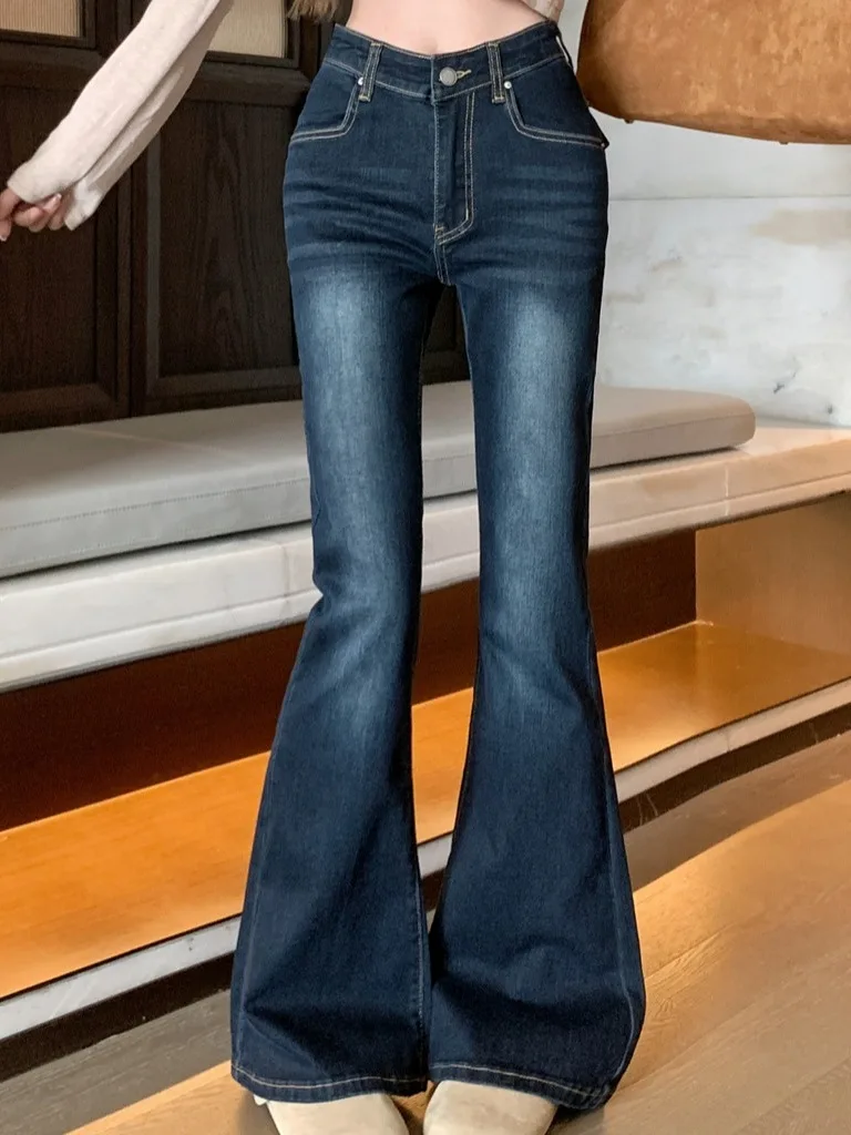 

Elastic Slim Fit Micro Flared Denim Jeans Women's High Waist Unique Design Floor Length Hoof Pants Trendy Blue Jeans