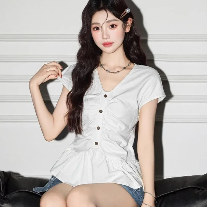 

Ruffles Flying Sleeve T Shirt Women Summer Pleats V Neck Solid Casual Tees Fashion Daily All Match Sweet Simple Female Tops New