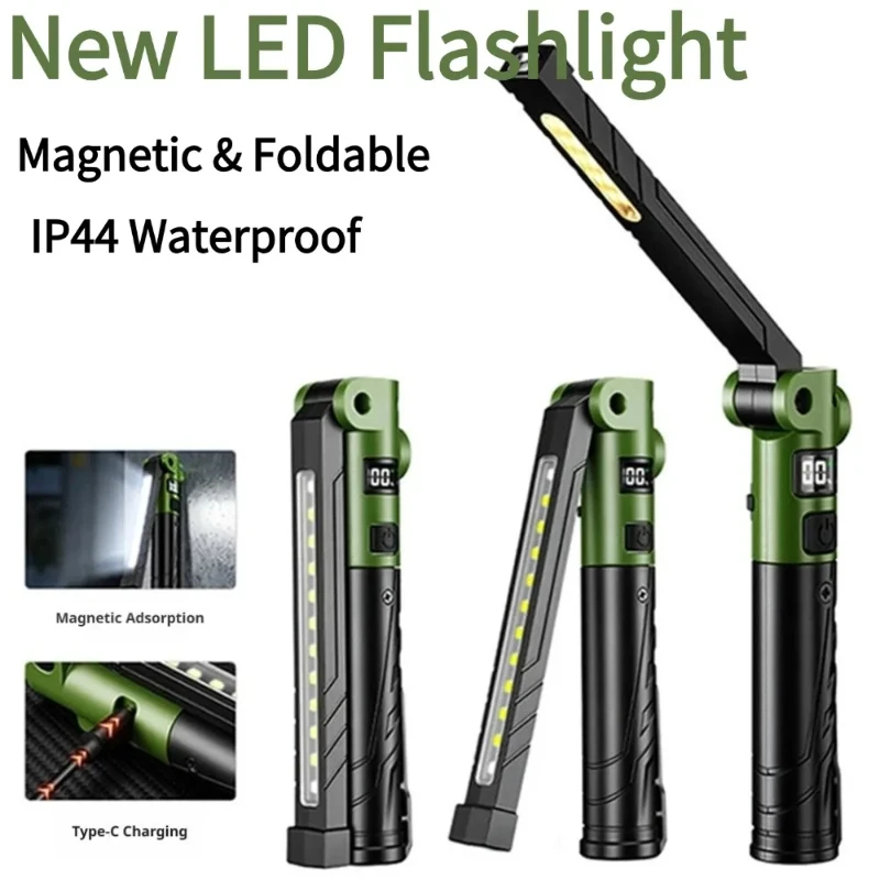 New LED COB Flashlight Rechargeable Work Light Magnetic Base Foldable Flashlight Digital Power Display Waterproof Repair Lamp