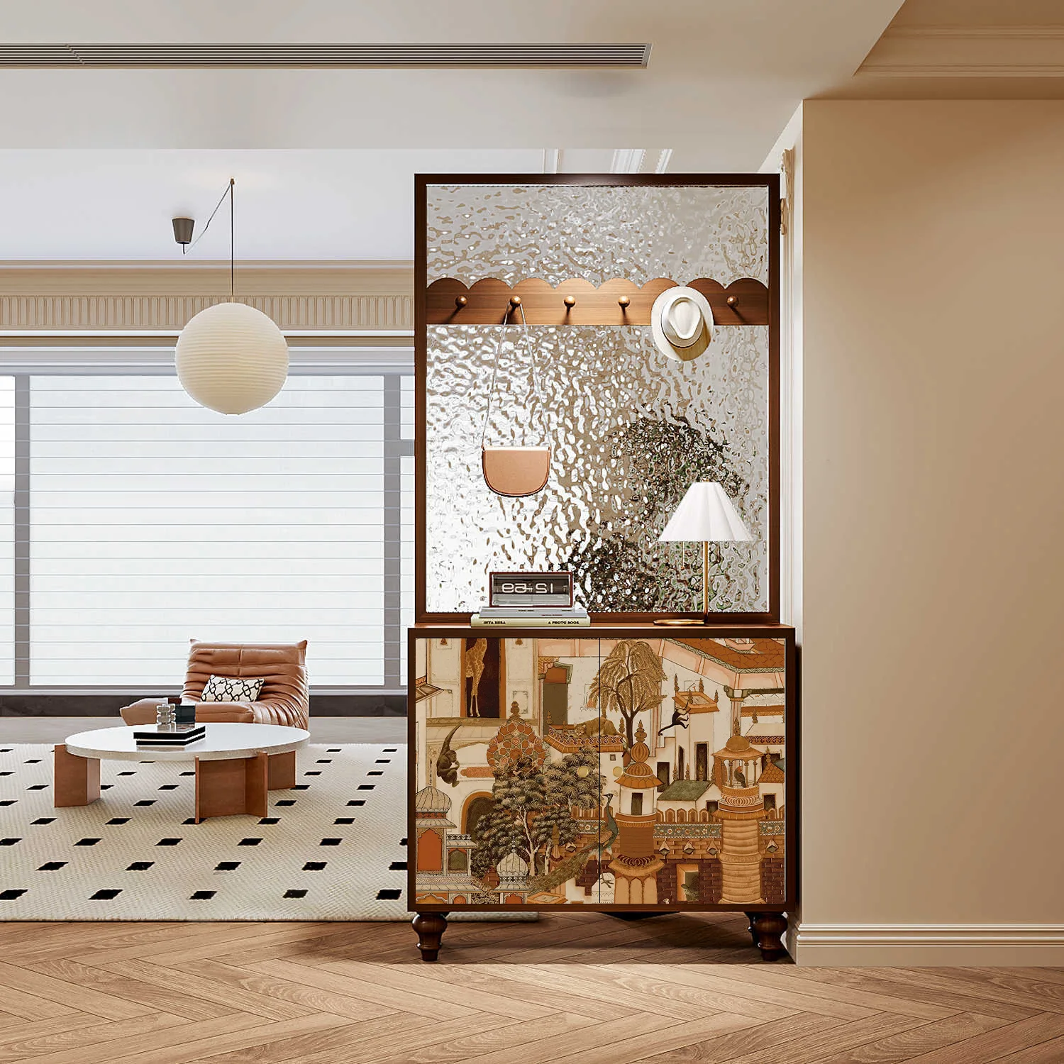 French vintage oil painting entryway cabinet solid wood hydrographic glass entrance door screen partition living room storage sh