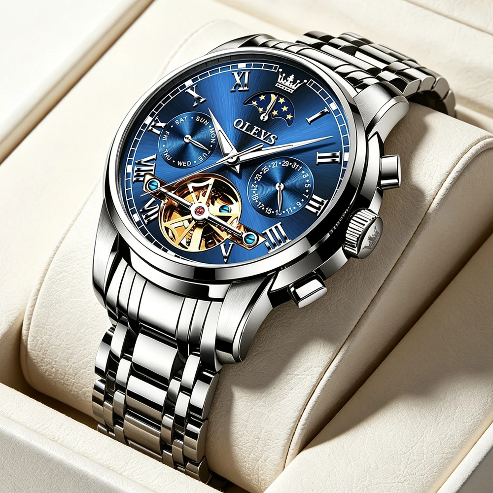 OLEVS Luxury Men Automatic Mechanical Watch Roman Scale Moon Phase Week Date Hollow Tourbillon Stainless Steel Men Wrist Watch