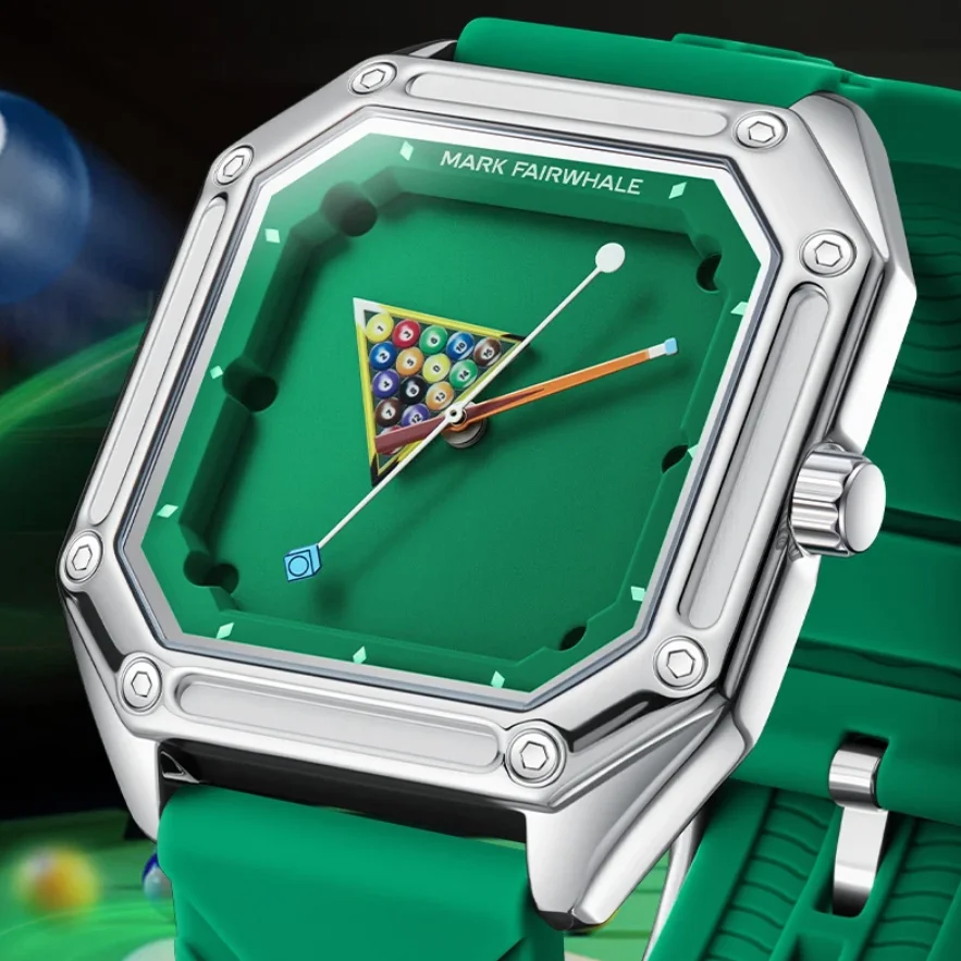 

Mark Fairwhale Men Quartz Watch 41mm Square Luminous Billiards Dial Wristwatch Rubber Strap