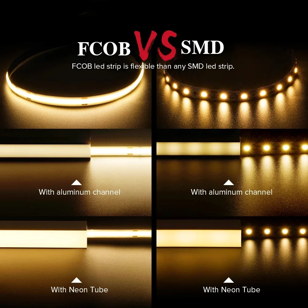 FCOB LED 스트립, 고밀도 유연한 FOB RA90 따뜻한 자연 차가운 흰색 선형 조도 조절 가능, 5m 320LED/m, 12V 24V