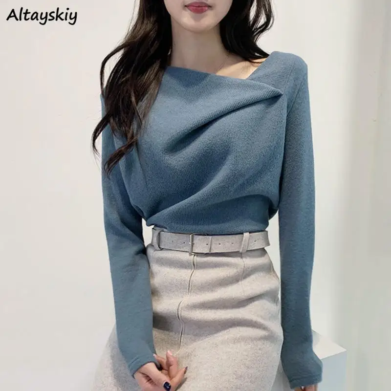 

Slim Pullovers Women Autumn Winter Thicker Newest Irregular Folds Fashion Elegant Designs Simple Long Sleeve All-match Korean