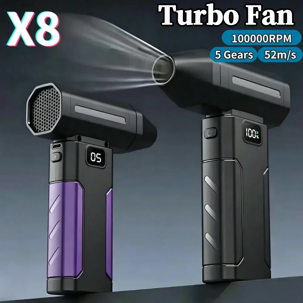 X8 Turbo Fan 100000RPM Powerful Handheld Dust Blower Violent Fan with LED Light Portable 5 Gears Rechargeable Adjustable