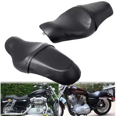 Motorcycle Black Leather two-up Seat Cushion for Harley Sportster XL883 XL1200 48 Driver &amp; Rear Passenger Seat Cushion