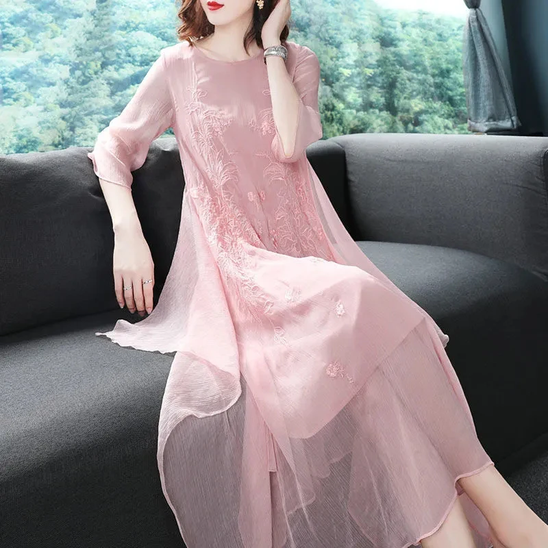 Chinese Style Cheongsam Dress Women Spring Summer Large Size Long Dresses Female Elegant Embroidered Dress Vestidos Pink White